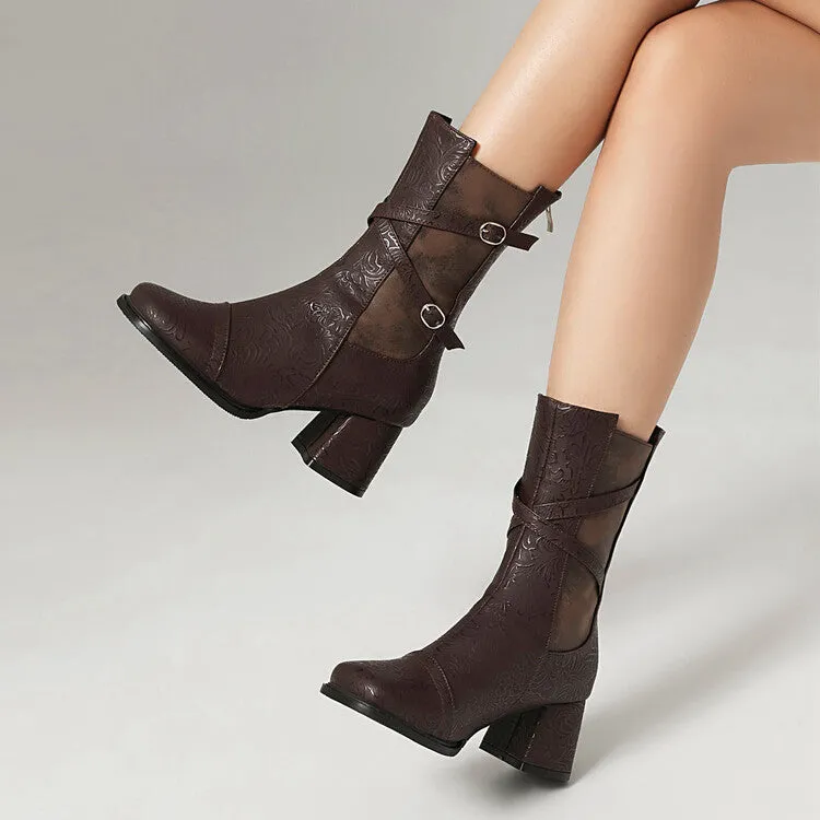 Women's Patchwork Buckle Strap Round Toe Block Heel Mid Calf Boots
