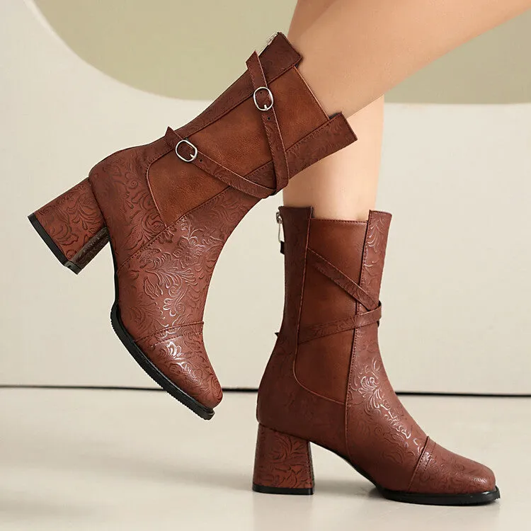 Women's Patchwork Buckle Strap Round Toe Block Heel Mid Calf Boots