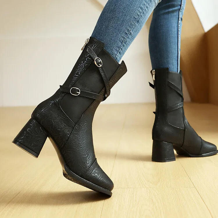 Women's Patchwork Buckle Strap Round Toe Block Heel Mid Calf Boots