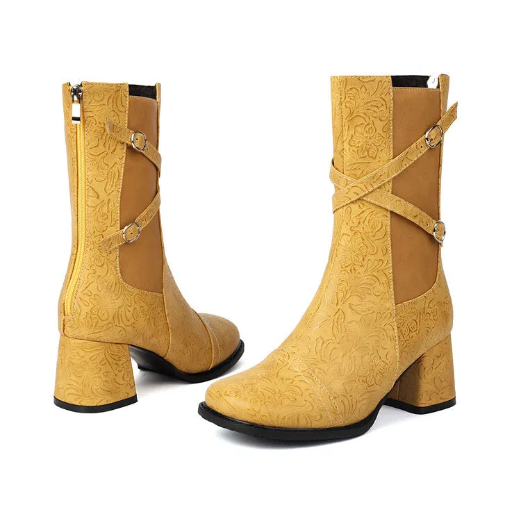Women's Patchwork Buckle Strap Round Toe Block Heel Mid Calf Boots