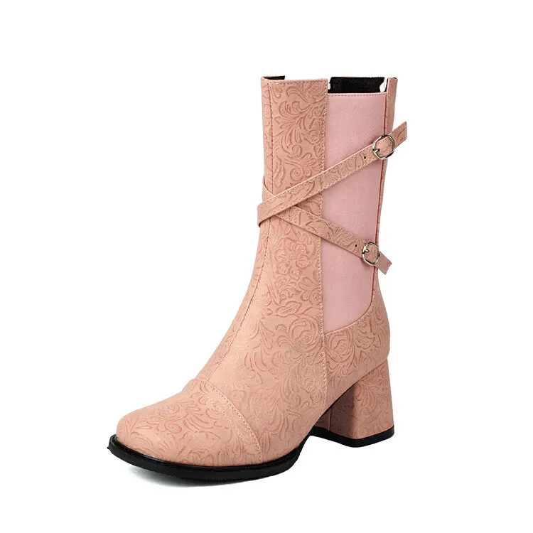 Women's Patchwork Buckle Strap Round Toe Block Heel Mid Calf Boots