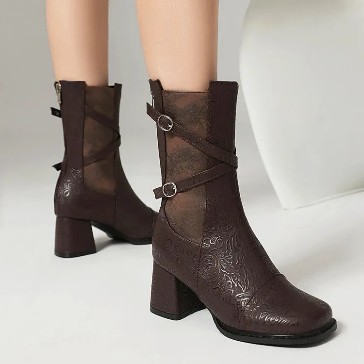 Women's Patchwork Buckle Strap Round Toe Block Heel Mid Calf Boots