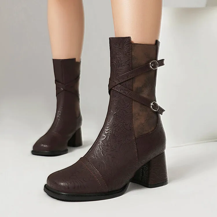 Women's Patchwork Buckle Strap Round Toe Block Heel Mid Calf Boots