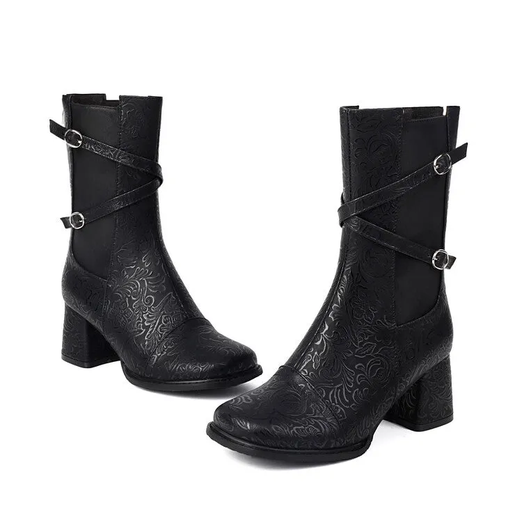 Women's Patchwork Buckle Strap Round Toe Block Heel Mid Calf Boots