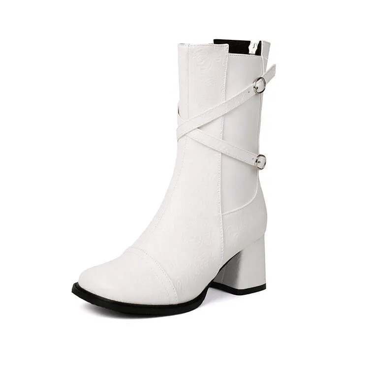 Women's Patchwork Buckle Strap Round Toe Block Heel Mid Calf Boots