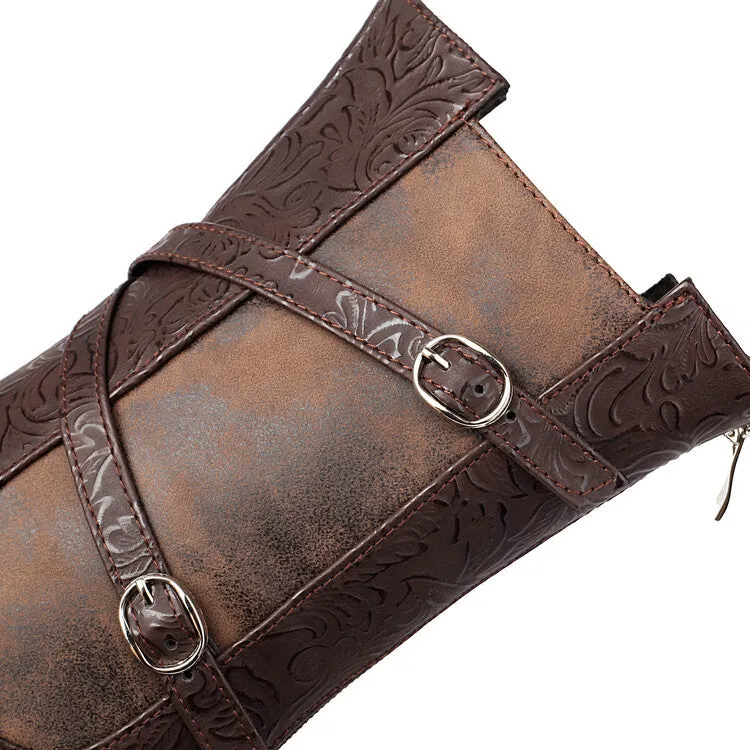 Women's Patchwork Buckle Strap Round Toe Block Heel Mid Calf Boots