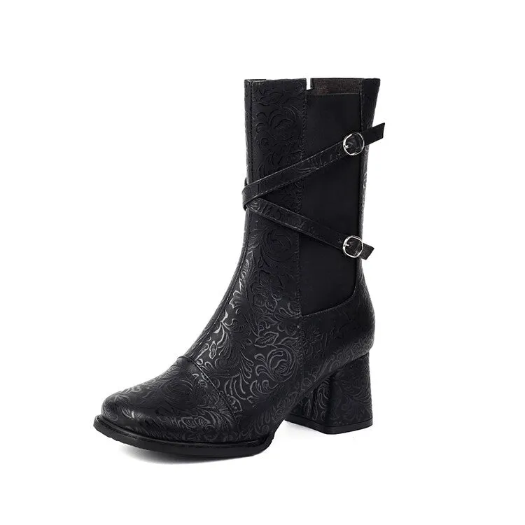 Women's Patchwork Buckle Strap Round Toe Block Heel Mid Calf Boots