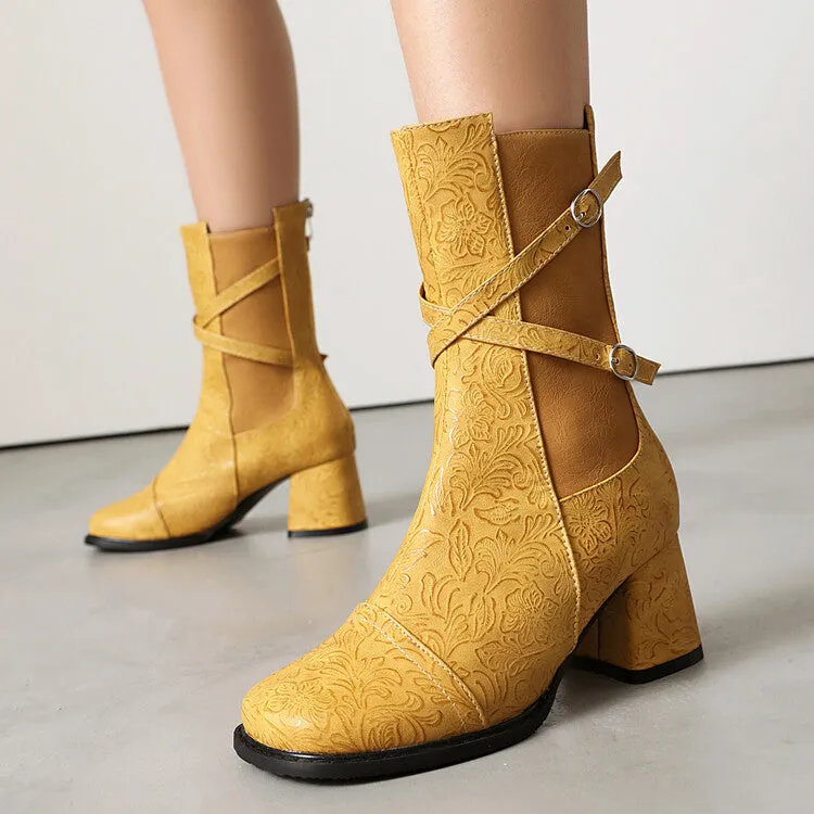 Women's Patchwork Buckle Strap Round Toe Block Heel Mid Calf Boots