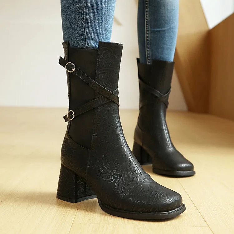 Women's Patchwork Buckle Strap Round Toe Block Heel Mid Calf Boots