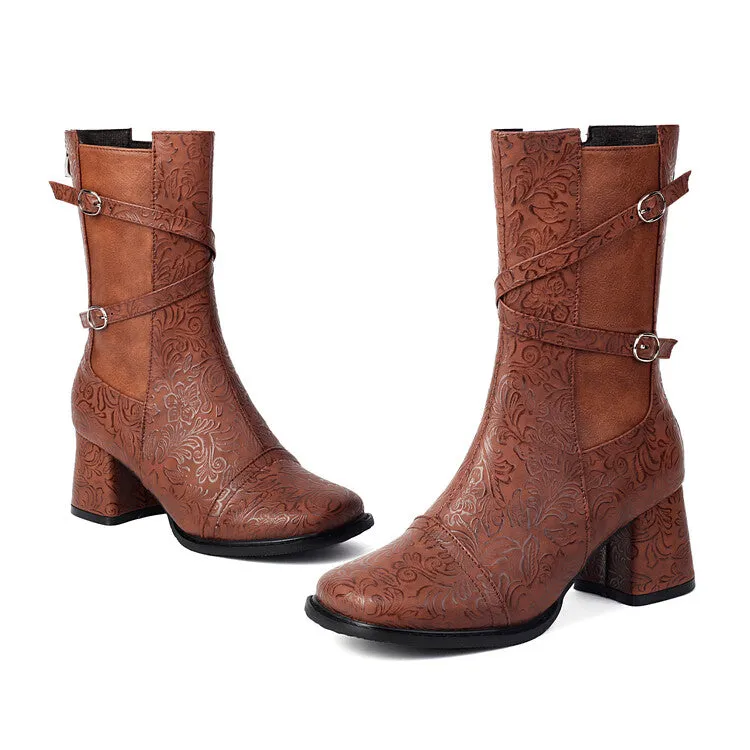 Women's Patchwork Buckle Strap Round Toe Block Heel Mid Calf Boots