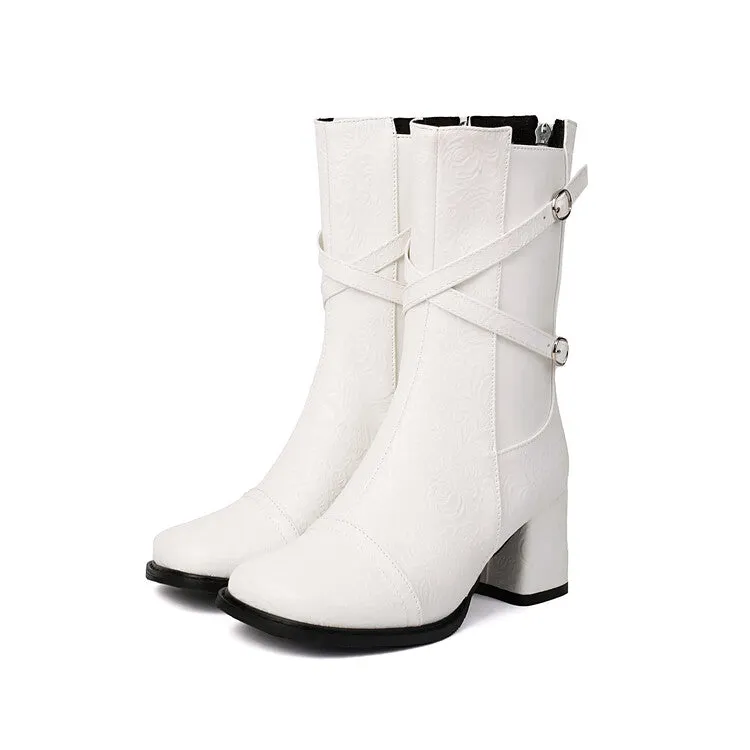Women's Patchwork Buckle Strap Round Toe Block Heel Mid Calf Boots