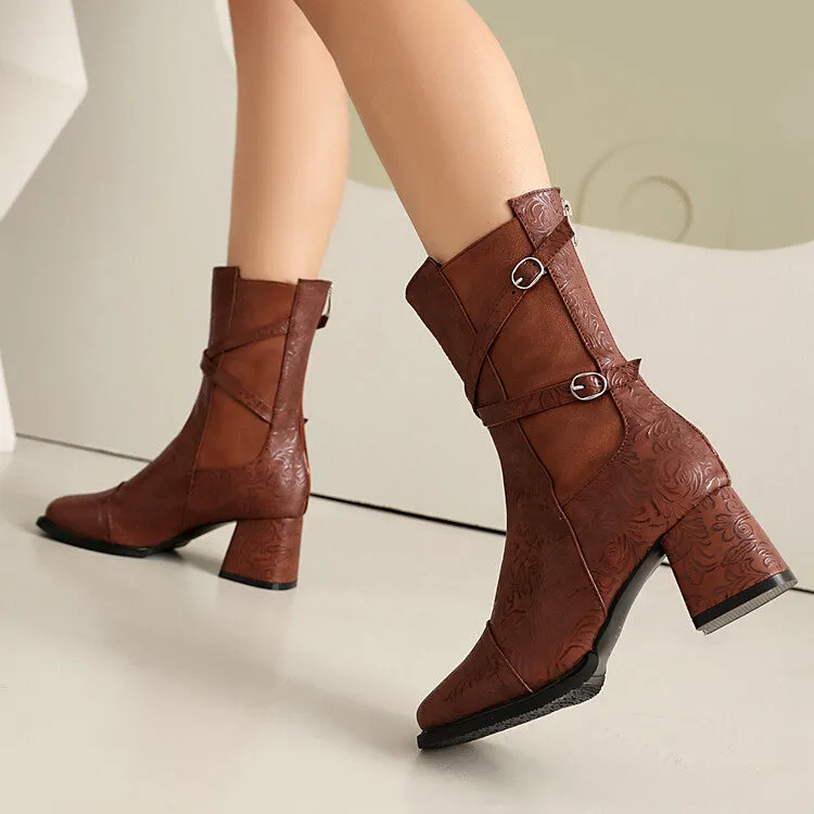 Women's Patchwork Buckle Strap Round Toe Block Heel Mid Calf Boots
