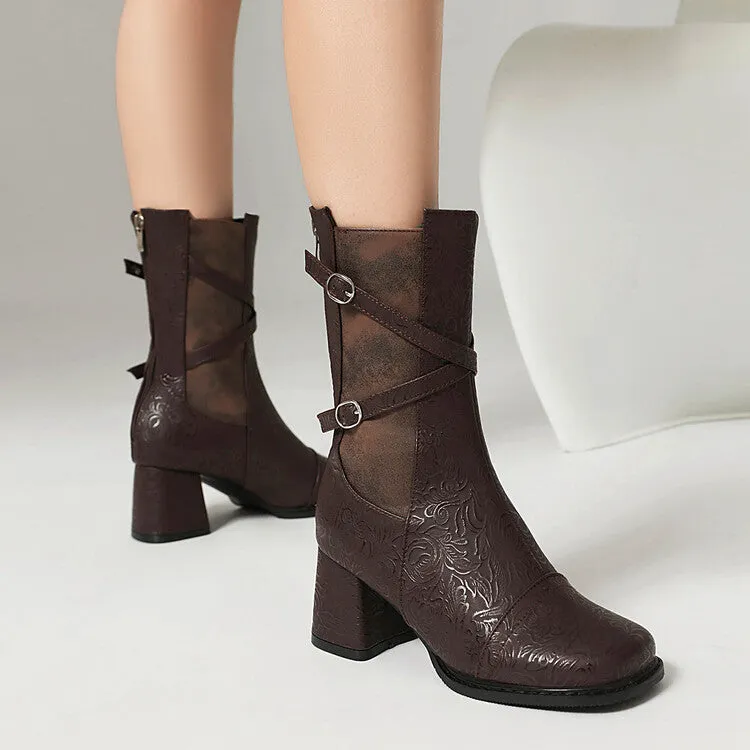 Women's Patchwork Buckle Strap Round Toe Block Heel Mid Calf Boots