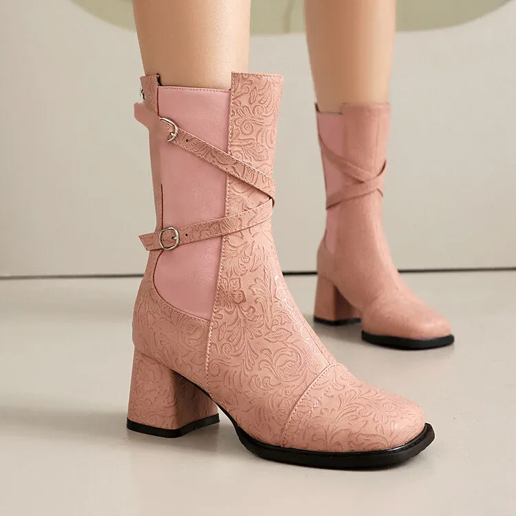 Women's Patchwork Buckle Strap Round Toe Block Heel Mid Calf Boots