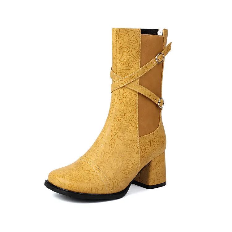 Women's Patchwork Buckle Strap Round Toe Block Heel Mid Calf Boots