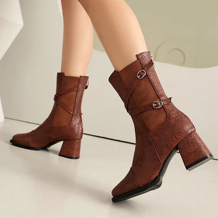 Women's Patchwork Buckle Strap Round Toe Block Heel Mid Calf Boots