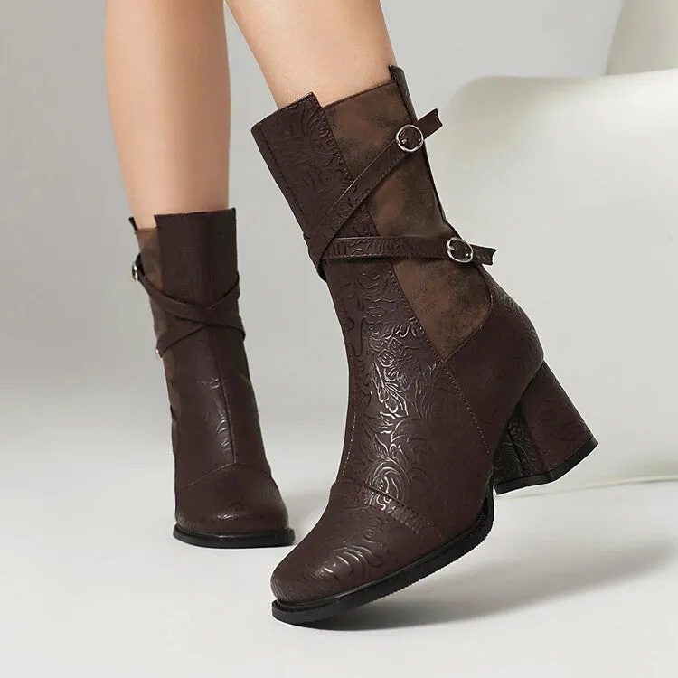 Women's Patchwork Buckle Strap Round Toe Block Heel Mid Calf Boots