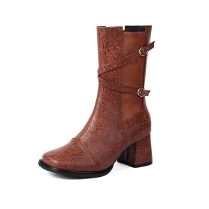 Women's Patchwork Buckle Strap Round Toe Block Heel Mid Calf Boots