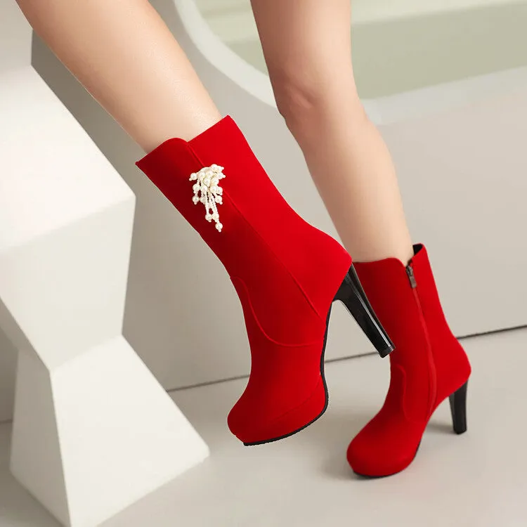 Women's Pearl Tassel Round Toe Spike Heel Platform Mid Calf Boots