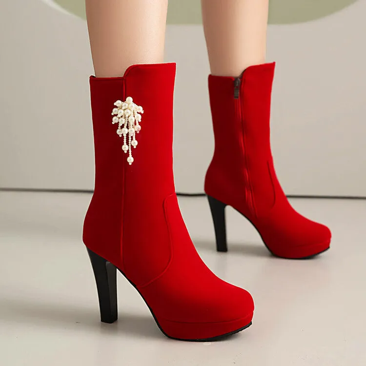 Women's Pearl Tassel Round Toe Spike Heel Platform Mid Calf Boots