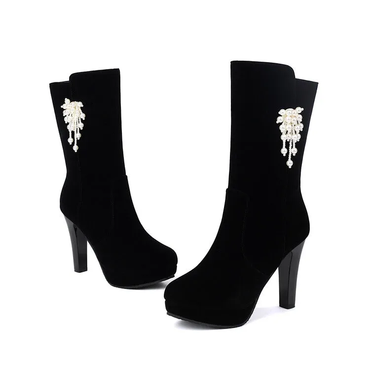 Women's Pearl Tassel Round Toe Spike Heel Platform Mid Calf Boots