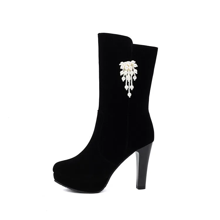 Women's Pearl Tassel Round Toe Spike Heel Platform Mid Calf Boots