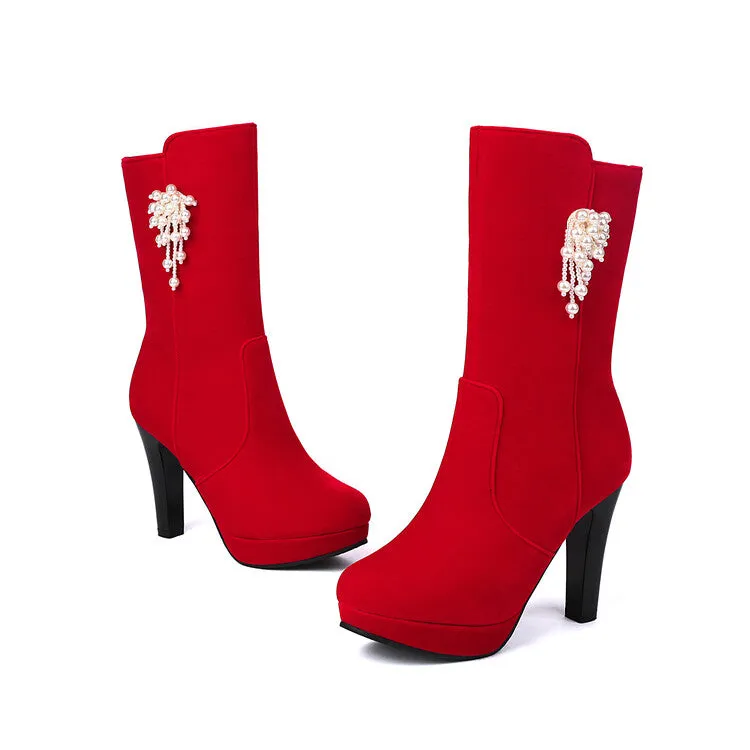 Women's Pearl Tassel Round Toe Spike Heel Platform Mid Calf Boots