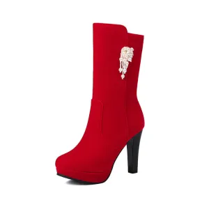 Women's Pearl Tassel Round Toe Spike Heel Platform Mid Calf Boots