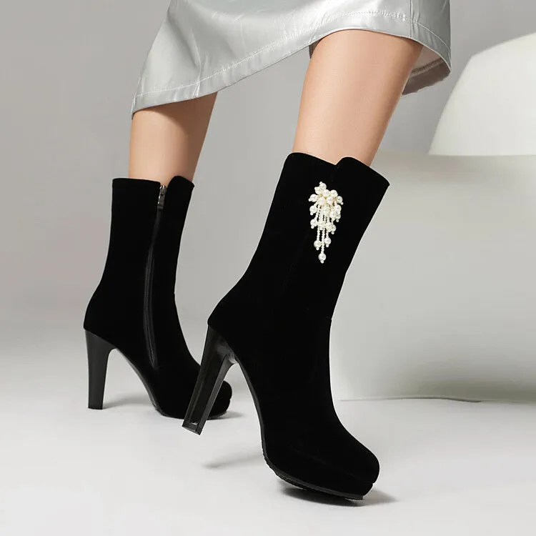 Women's Pearl Tassel Round Toe Spike Heel Platform Mid Calf Boots