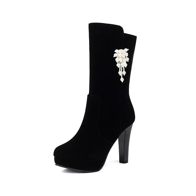 Women's Pearl Tassel Round Toe Spike Heel Platform Mid Calf Boots