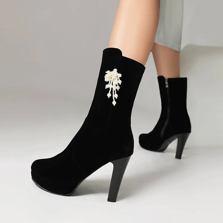 Women's Pearl Tassel Round Toe Spike Heel Platform Mid Calf Boots