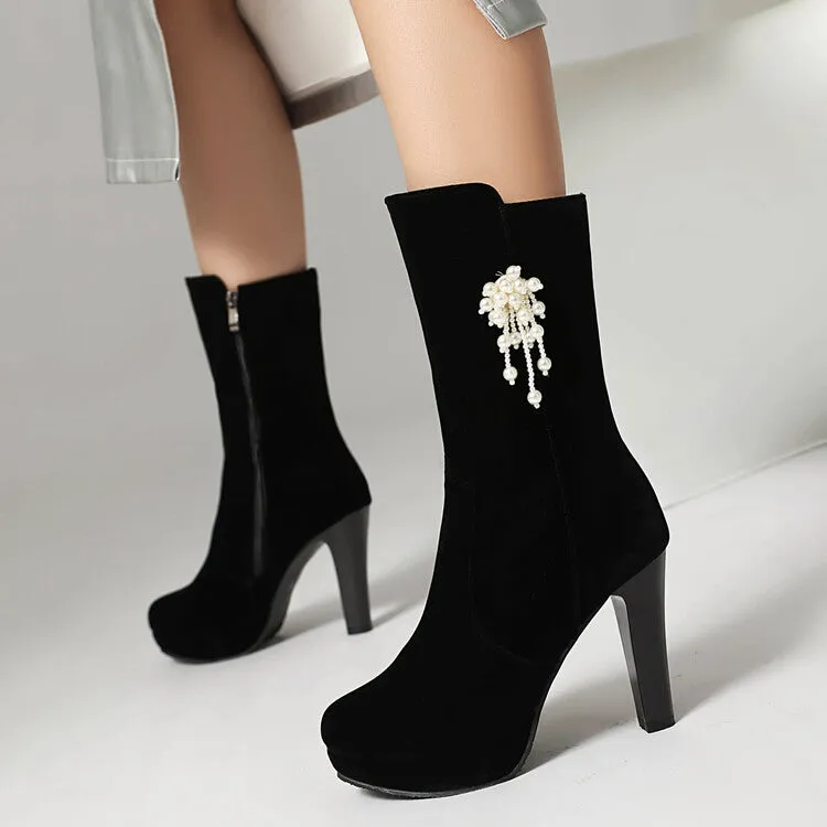 Women's Pearl Tassel Round Toe Spike Heel Platform Mid Calf Boots
