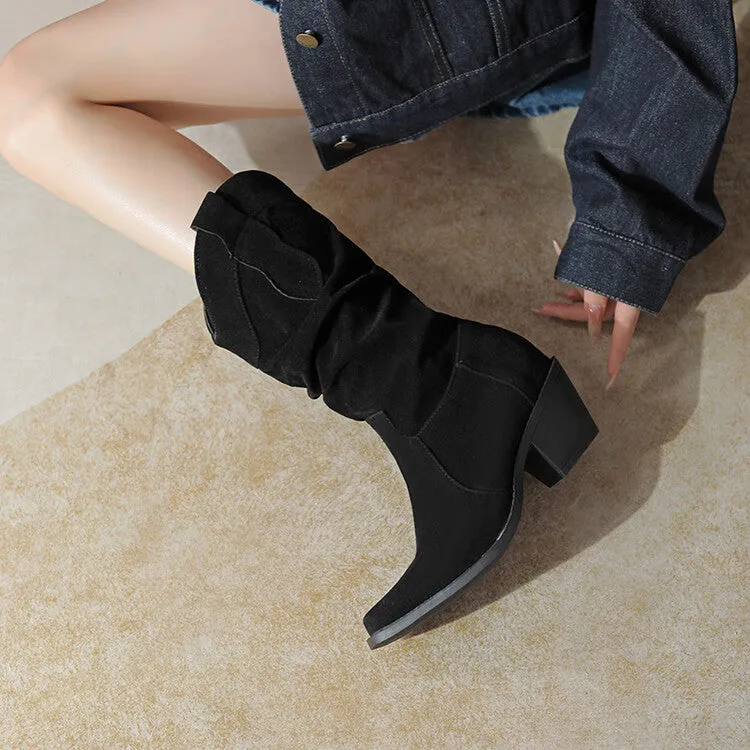 Women's Pleated Round Toe Block Heel Mid-Calf Boots