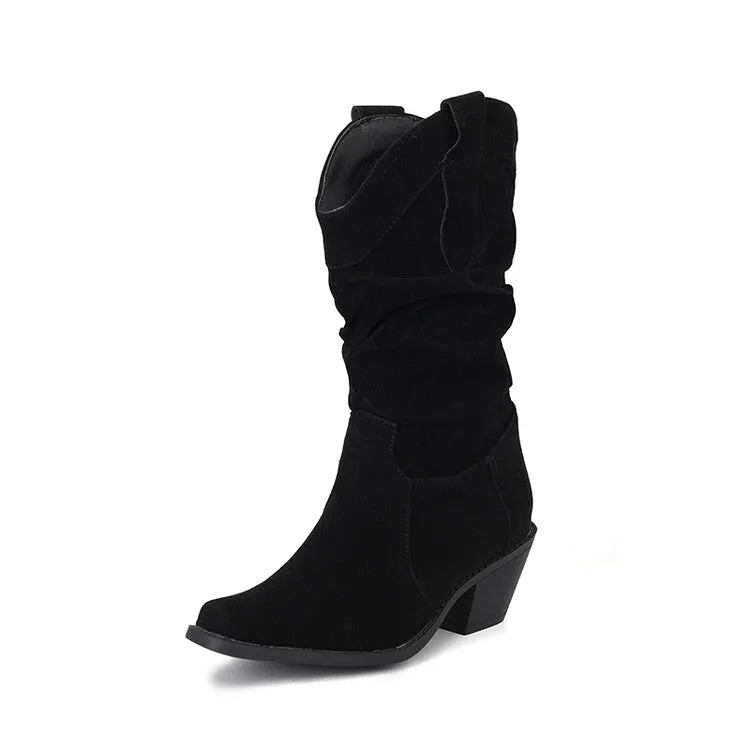Women's Pleated Round Toe Block Heel Mid-Calf Boots