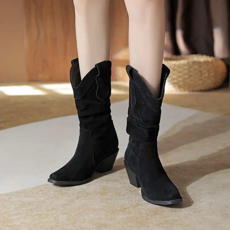 Women's Pleated Round Toe Block Heel Mid-Calf Boots