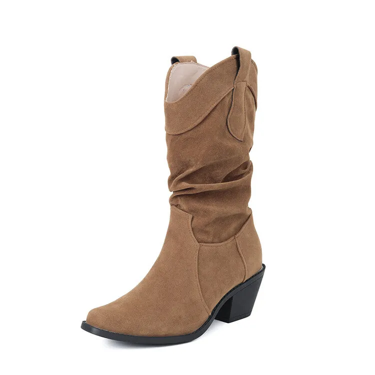 Women's Pleated Round Toe Block Heel Mid-Calf Boots