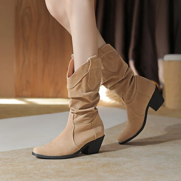 Women's Pleated Round Toe Block Heel Mid-Calf Boots