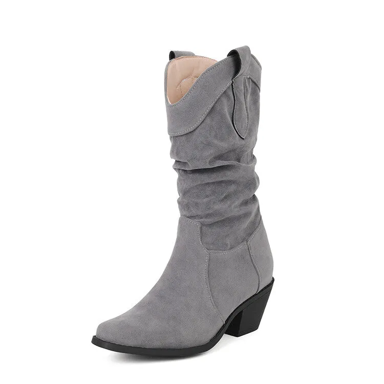 Women's Pleated Round Toe Block Heel Mid-Calf Boots