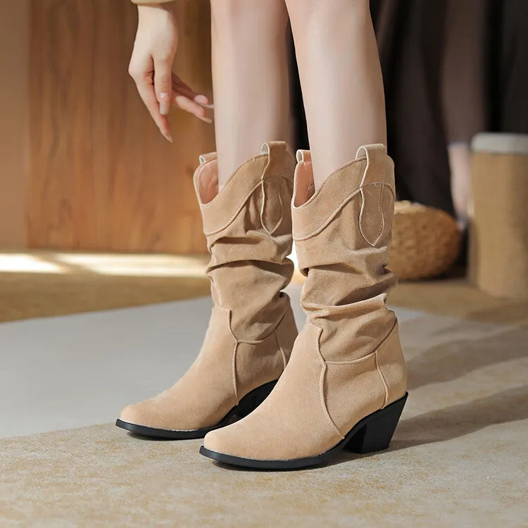 Women's Pleated Round Toe Block Heel Mid-Calf Boots