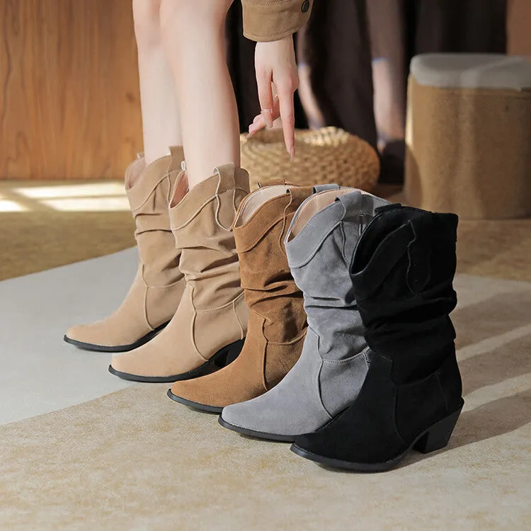Women's Pleated Round Toe Block Heel Mid-Calf Boots