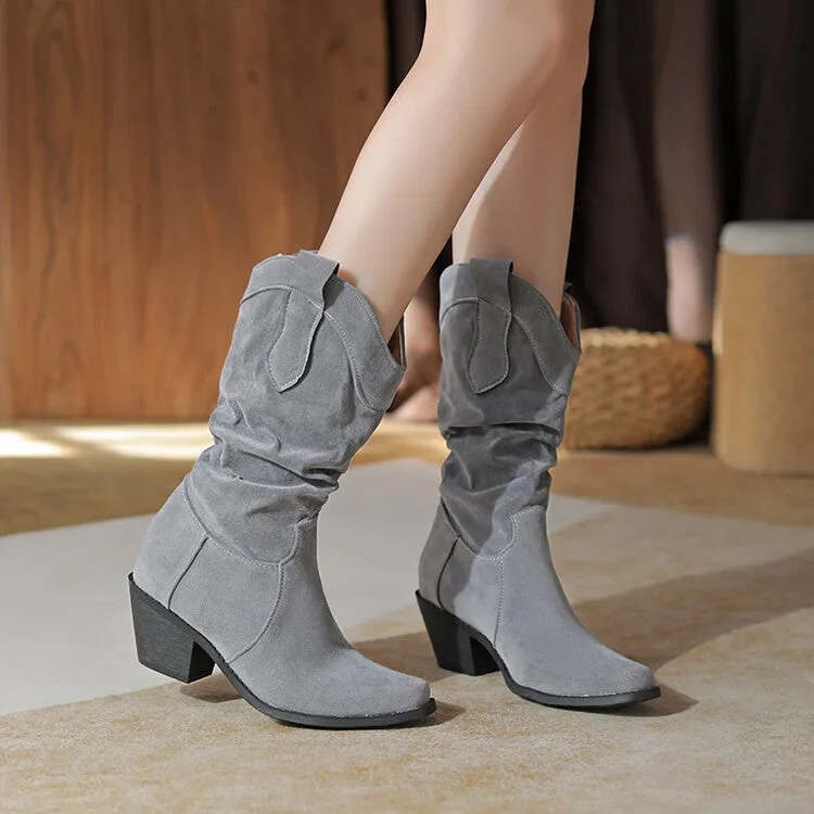 Women's Pleated Round Toe Block Heel Mid-Calf Boots