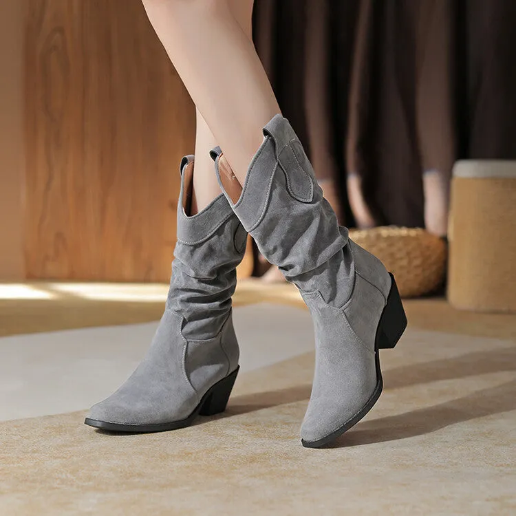 Women's Pleated Round Toe Block Heel Mid-Calf Boots