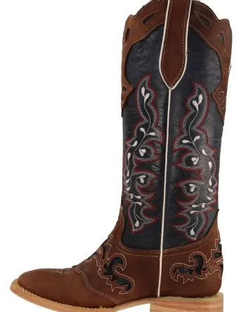 Women’s Rockin Leather Tall Distressed Brown Boot With Wide Square Toe in Blue