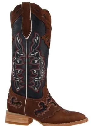 Women’s Rockin Leather Tall Distressed Brown Boot With Wide Square Toe in Blue