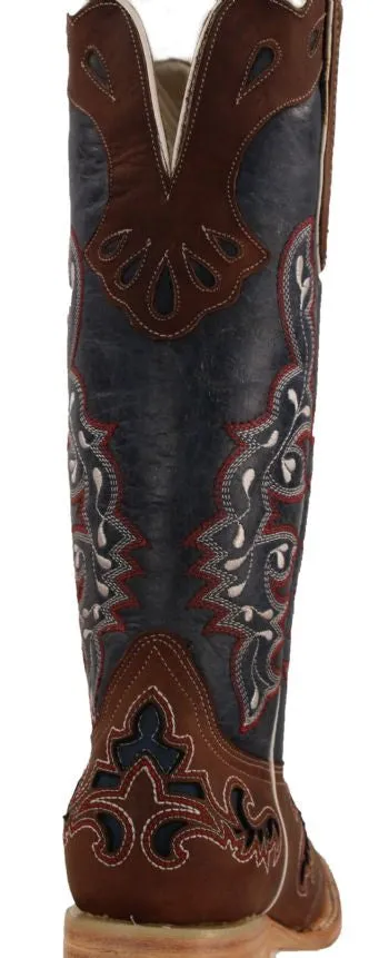 Women’s Rockin Leather Tall Distressed Brown Boot With Wide Square Toe in Blue