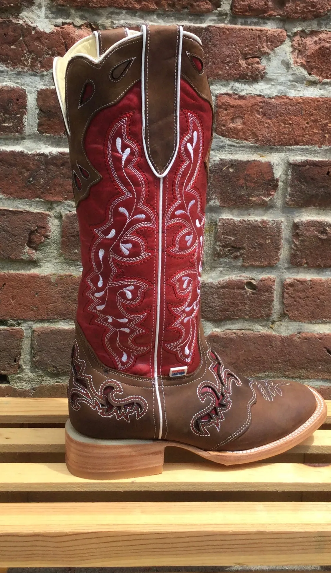 Women's Rockin Leather Tall Distressed Brown Boot with Wide Square Toe in Red