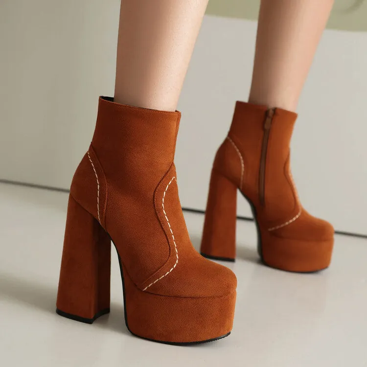 Women's  Square Toe High Heel Platform Short Boots