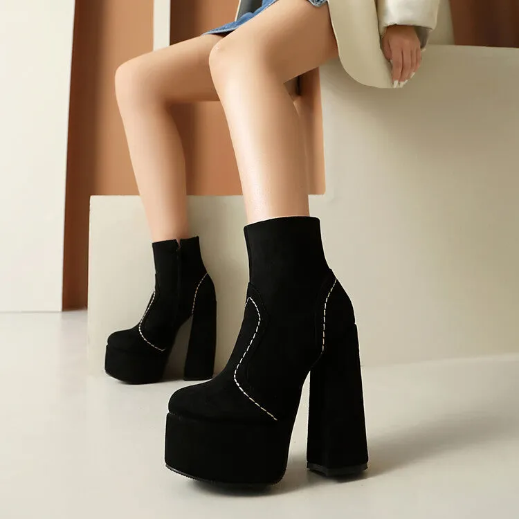 Women's  Square Toe High Heel Platform Short Boots