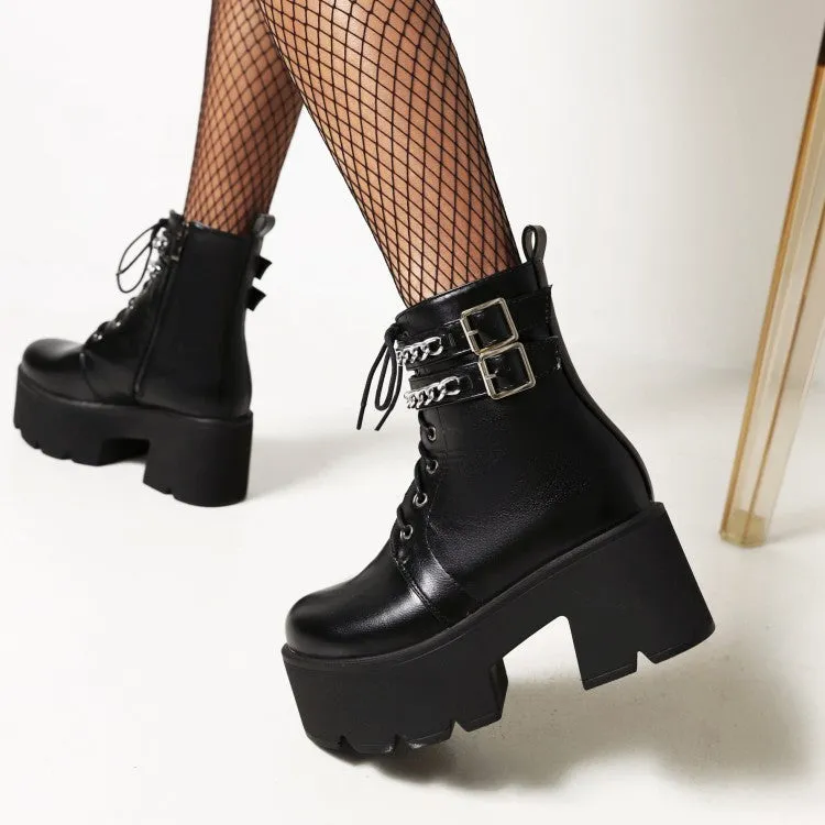 Women's Square Toe Tied Belts Metal Chains Buckles Block Heel Platform Short Boots