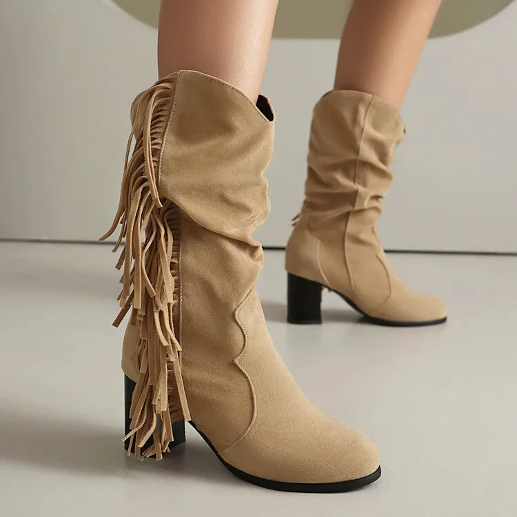 Women's Tassel Round Toe Block Heel Mid Calf Boots
